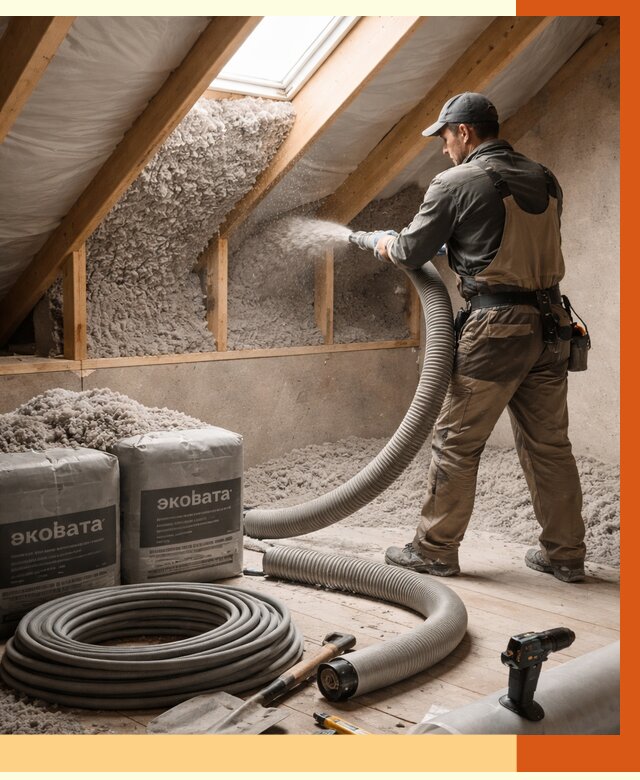 Утепление мансарды эковатой в октябрьском от 2279 руб/м2 — монтаж, задувка, цена | ТепломастерКтб