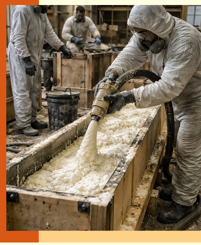 Заливка пенополиуретана в формы для утепления в октябрьском